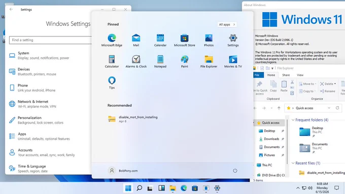 Desktop screenshot of Windows 11 Build 21996, the infamous Windows 11 Build that leaked on June 15th, 2021. Showing the redesigned start menu ported from Windows 10X, the new WinUI taskbar, and the Settings app and File Explorer didn't get the updated redesign yet.