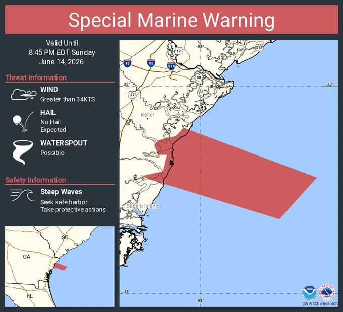 This graphic displays a special marine warning plotted on a map. The warning is in effect until 8:45 PM EDT. The warning includes waters from Savannah GA to Altamaha Sound GA extending from 20 to 60 NM, coastal waters from Savannah GA to Altamaha Sound GA out 20 nm and including Grays Reef National Marine Sanctuary. The threats associated with this warning are wind gusts greater than 34kts and no hail expected.Waterspouts are possible. Steep waves can be expected. Seek safe harbor and take protective actions.