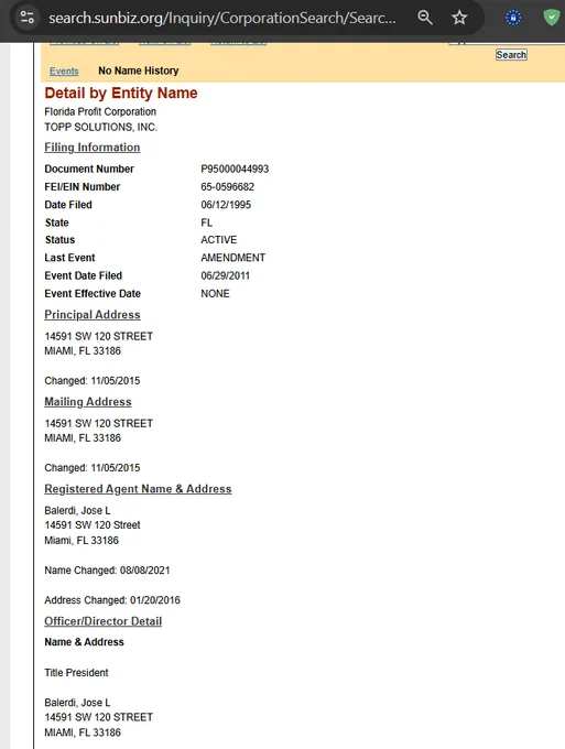 FL Business Entity registration for TOPP SOLUTIONS INC 

14591 SW 120 ST
Miami FL 33186

(786) 233-8402