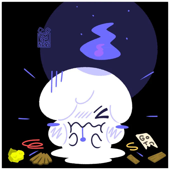 A drawing of a litwick with cheeks puffed and a fulled face and some pencil sharpener and paper scraps around him.
