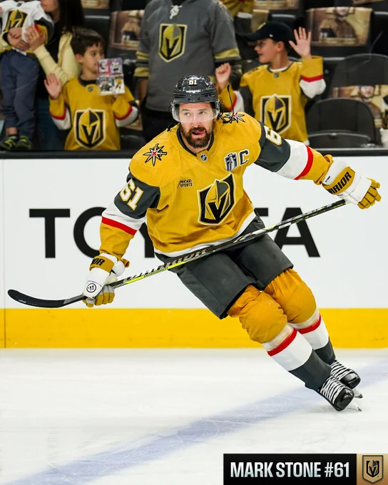 Mark Stone on ice for warmups in a Golden Knights uniform