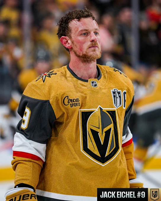 Jack Eichel on ice for warmups in a Golden Knights uniform