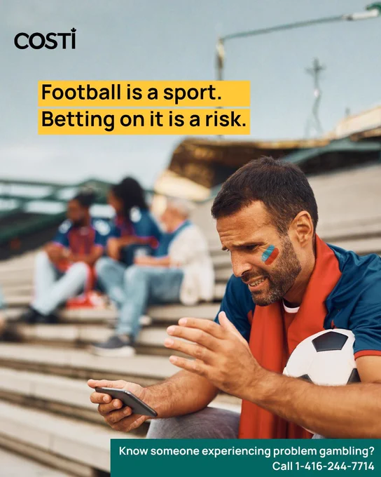 The graphic features a soccer fan, looking disappointed, staring into his phone. He has a football tucked under his left arm. The accompanying text reads, "Football is a sport. Betting on it is a risk."