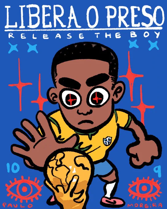 uma ilustração do menino endrick, com o uniforme da seleção e sedenta encarando a taça da copa, os olhos chega brilham e a frase “LIBERA O PRESO, release the boy”