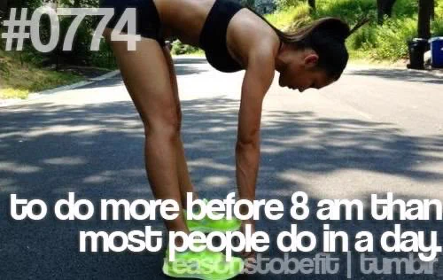 Woman stretching with quote that says “to do more before 8am than most people do in a day”