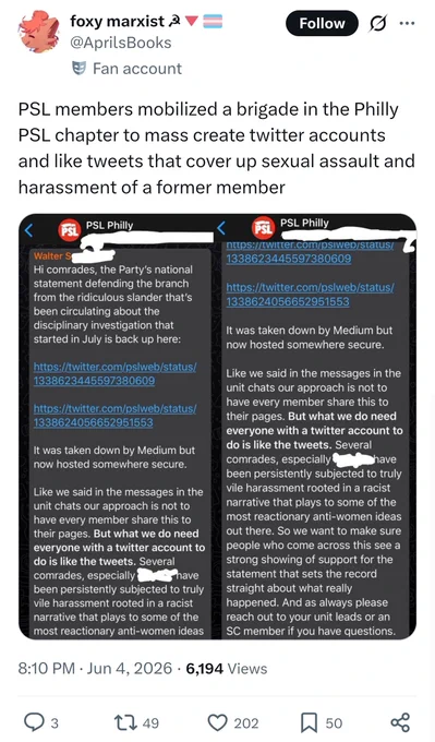 Screenshot of text messages by leading PSL member Walter Smolarek to rank and file members urging them to positively publicly engage with PSL's public responses to whistleblower Griselda Aclarado's statements against PSL. 
