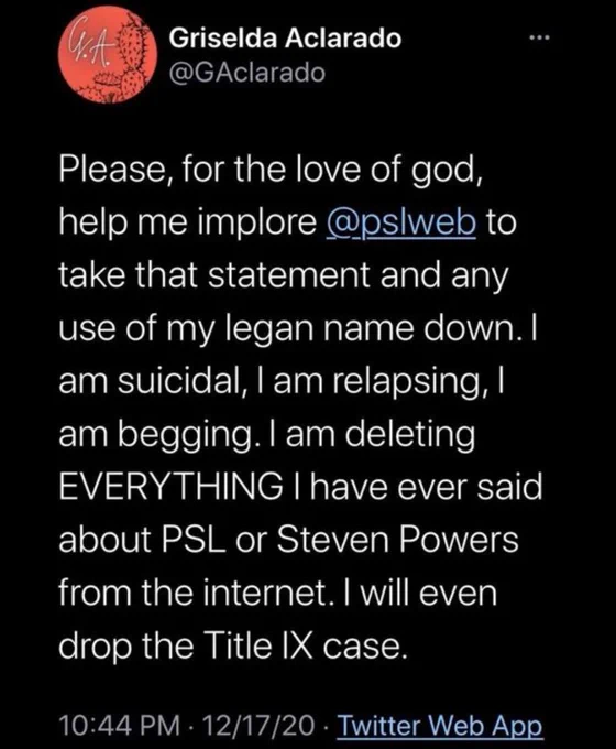 Screenshot of Twitter post by former Twitter user Griselda Aclarado pleading with PSL to take their public statement and any use of her legal name down and stating that she was suicidal. 