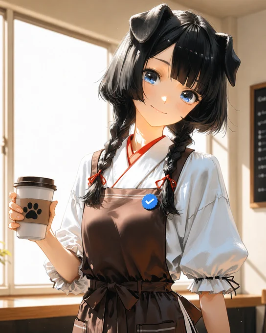日本語 ALT：
明るいカフェ店内で、黒い犬耳の店員さんがテイクアウトカップを持って微笑んでいます。白い上衣と茶色のエプロン姿で、胸元には青い認証バッジが付いており、カップスリーブには肉球マークが描かれています。

English ALT：
A black dog-eared café clerk smiles while holding a takeaway coffee cup inside a bright café. The clerk wears a white top and brown apron with a blue verification badge on the chest, and the cup sleeve has a simple paw-print mark.
