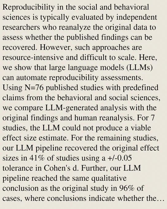 Reproducibility in the social and behavioral sciences is typically evaluated by independent researchers who reanalyze the original data to assess whether the published findings can be recovered. However, such approaches are resource-intensive and difficult to scale. Here, we show that large language models (LLMs) can automate reproducibility assessments. Using N=76 published studies with predefined claims from the behavioral and social sciences, we compare LLM-generated analysis with the original findings and human reanalysis. For 7 studies, the LLM could not produce a viable effect size estimate. For the remaining studies, our LLM pipeline recovered the original effect sizes in 41% of studies using a  /-0.05 tolerance in Cohen's d. Further, our LLM pipeline reached the same qualitative conclusion as the original study in 96% of cases, where conclusions indicate whether the reanalysis supports the original claim. For comparison, human reanalysts recovered the original effect sizes in 3