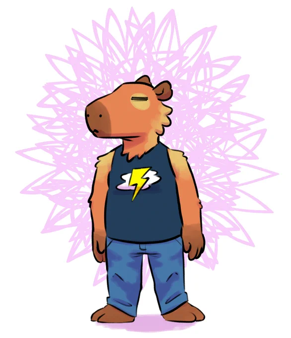 anthro capybara guy, standing, wearing greenish blue clothes, lightning bolt over cloud on sleeveless shirt,