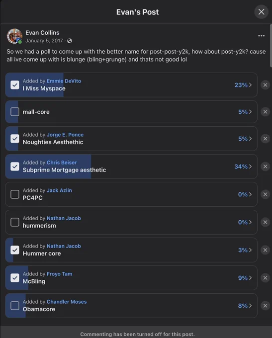 A Facebook poll post made by Evan Collins in 2017 requesting renaming suggestions for what was called the Post-Y2K Facebook Group at the time. Froyo Tam suggested "McBling," making this the first time the word was ever used to describe the aesthetic. The name would then be accepted for the renaming and the community would orient around tracking this specific style.