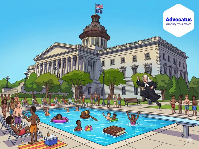 A color cartoon image of the South Carolina state capitol. In front of the building is a large pool with dozens of swimmers around it. A judge is jumping into the pool off a diving board.