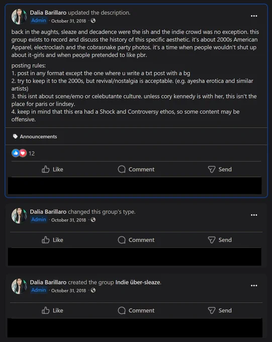 Dalia Barillaro's first three posts marking the creation of the Indie uber-sleaze Facebook Group in 2018, identifying her as the person who originally coined and studied the aesthetic "Indie Sleaze."
