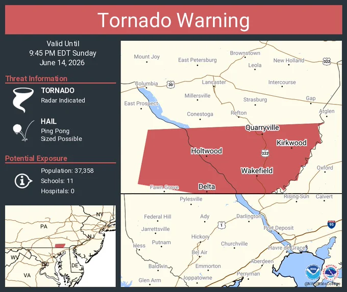 This graphic displays a tornado warning plotted on a map. The warning is in effect until 9:45 PM EDT. The warning includes Quarryville PA, Delta PA and Wakefield PA.  This warning is for Southeastern Lancaster County in south central Pennsylvania and Southeastern York County in south central Pennsylvania. The threats associated with this warning are a radar indicated tornado and ping pong sized hail. There are 37,358 people in the warning along with 11 schools and 0 hospitals.
