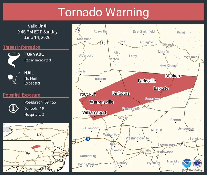 This graphic displays a tornado warning plotted on a map. The warning is in effect until 9:45 PM EDT. The warning includes Williamsport PA, South Williamsport PA and Montoursville PA.  This warning is for Central Lycoming County in north central Pennsylvania and Sullivan County in north central Pennsylvania. The threats associated with this warning are a radar indicated tornado and no hail is expected. There are 59,166 people in the warning along with 19 schools and 2 hospitals.