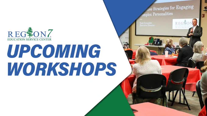 Upcoming workshops banner with image of presentation at event, audience seated at tables.