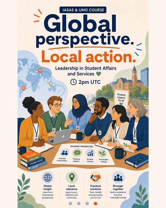 UMO-style flat illustration for Leadership in Student Affairs and Services showing international higher education leaders connecting global ideas to local campus action. Text reads "Global perspective. Local action." and "Sessions at 2pm UTC".