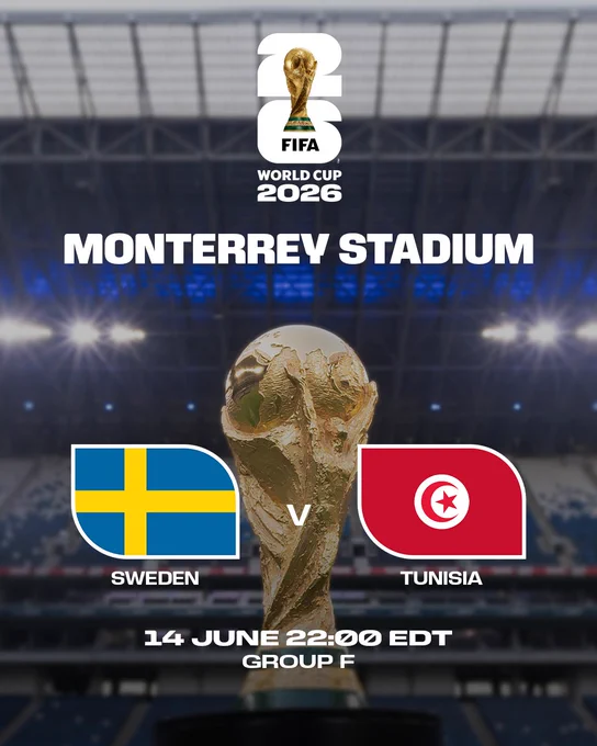 A photo of the FIFA World Cup trophy with added text that reads:

MONTERREY STADIUM
SWEDEN V TUNISIA
14 JUNE 22:00 EDT
GROUP F