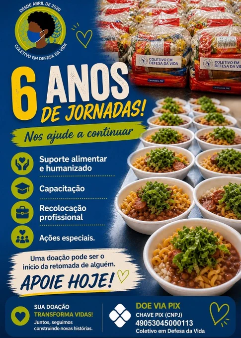 São 6 anos de jornadas auxiliando vidas.

Desde a pandemia seguimos com essas ações e somente com o apoio de vocês conseguiremos continuar.

Gratidão por tudo ❤️