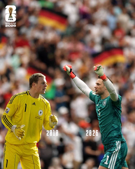 A graphic with photos of Manuel Neuer from 2010 and 2026.