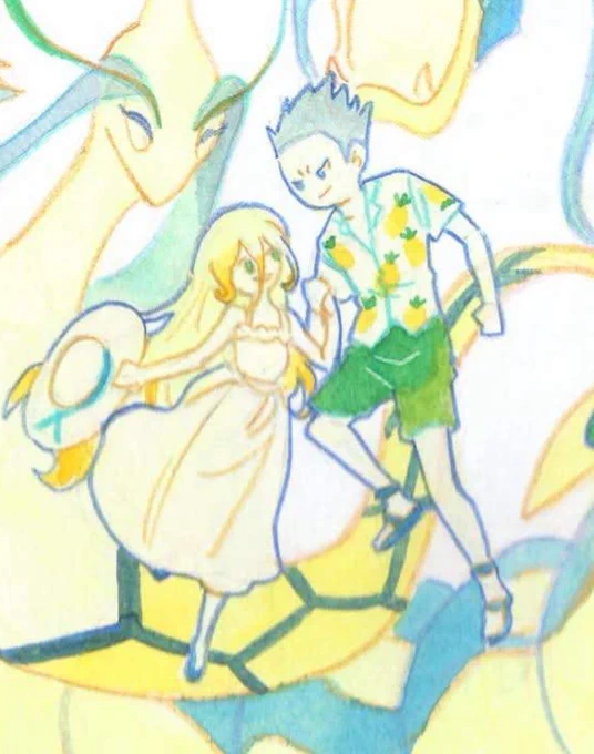 Drawing of Cyrus and Venus holding hands.  Cyrus is wearing a shirt with pineapples on it and green shorts.  Venus is wearing a white sundress and holding a sunhat with a blue ribbon in one hand. The two are smiling at each other.  There is a gyarados and shiny milotic in the background.