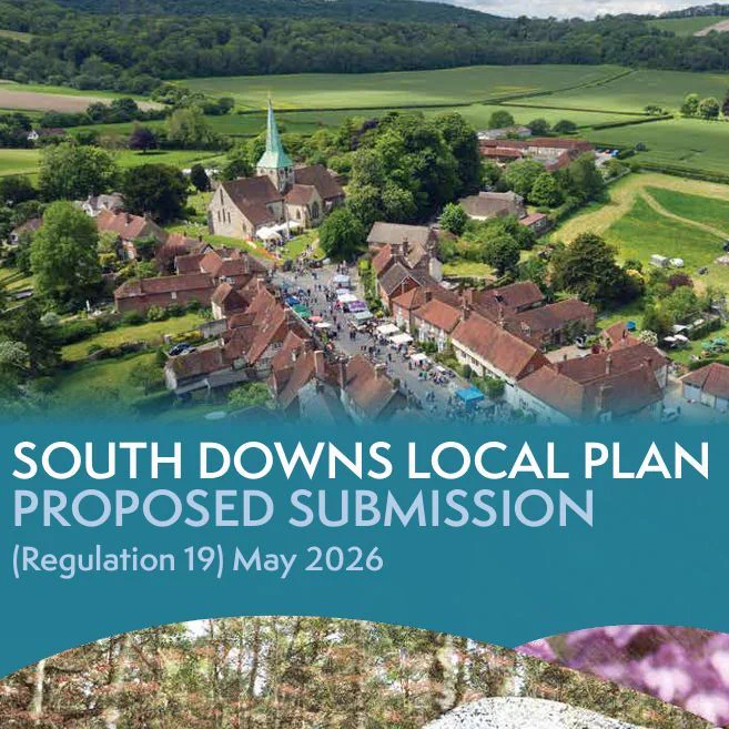 Drone shot of village in West Sussex with text overlaying reading 'South Downs Local Plan Proposed Submission (Regulation 19) May 2026).