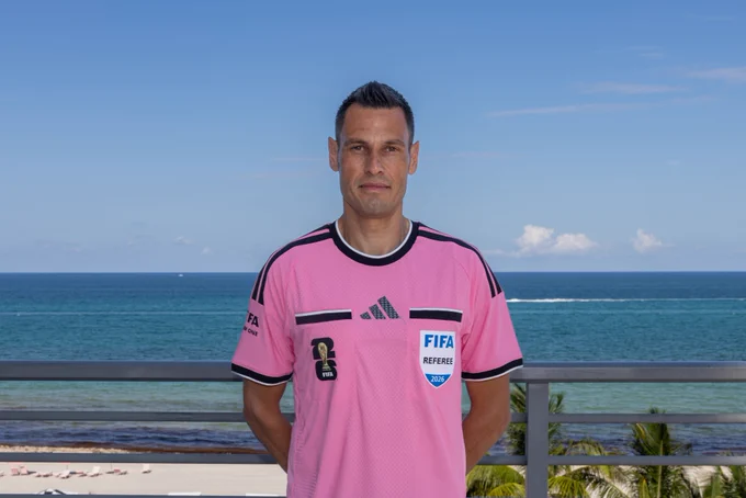 FIFA World Cup 2026 referee in Miami wearing a flamingo pink jersey