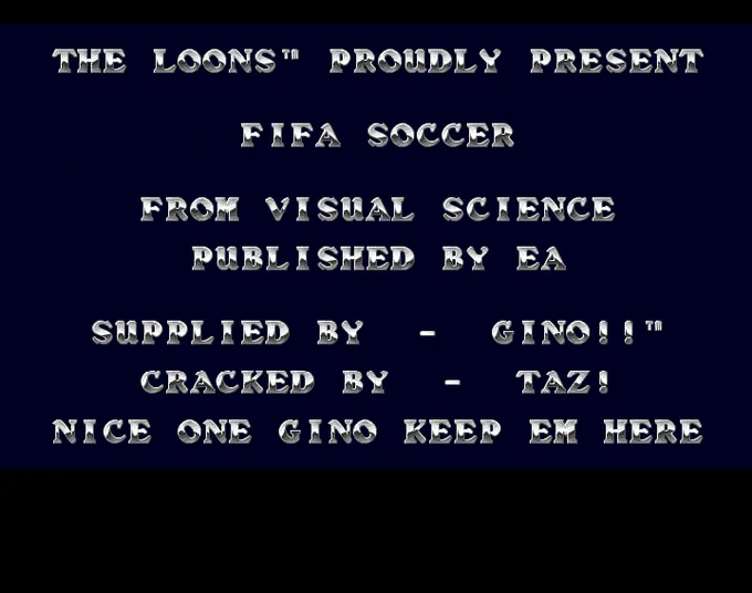 Screenshot of "FIFA International Soccer" - Crack: Loons - Published by Electronic Arts on Commodore Amiga (1994)