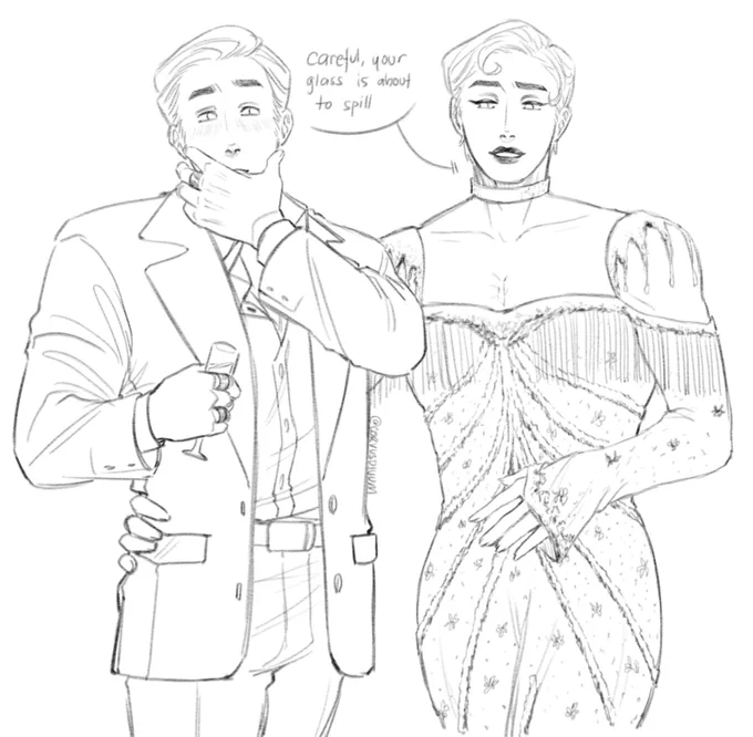 Sebastian Wilder in drag with his hand around Jacob Palmer's waist. Jacob has a glass in one hand and the other covering his mouth while looking flustered.

Seb has a speech bubble saying "Careful, your glass is about to spill."