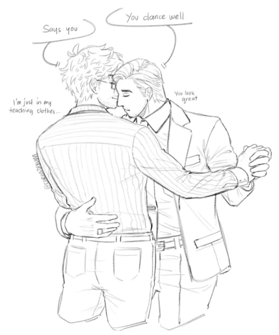 Ryland Grace and Sebastian Wilder are slow dancing with Grace's back shown to us, and Sebastian is leading the dance with his right hand resting on Grace's lower back. Both of their eyes are closed and their faces are close together.

Speech bubbles go as follow:
Seb: "You dance well" 
Grace: "Says you" 
Grace: "I'm just in my teaching clothes" 
Seb: "You look great"