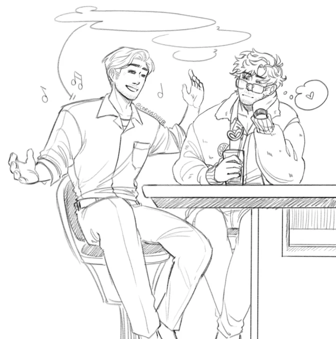 Ryland Grace and Sebastian Wilder are at a table with Grace leaning on the table and Seb gesturing and talking. Grace leans on his arm, the other hand holding onto his drink, and looks at Seb fondly while he talks about Jazz.

No texts in speech bubbles aside from a heart in Grace's thought bubble.