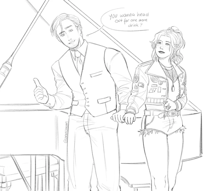 Sebastian Wilder is with an OC (by pastelwytch) and they're both leaning on a piano. Their pinkies intertwine shyly on the piano as Seb asks "You wanna head out for one more drink?"