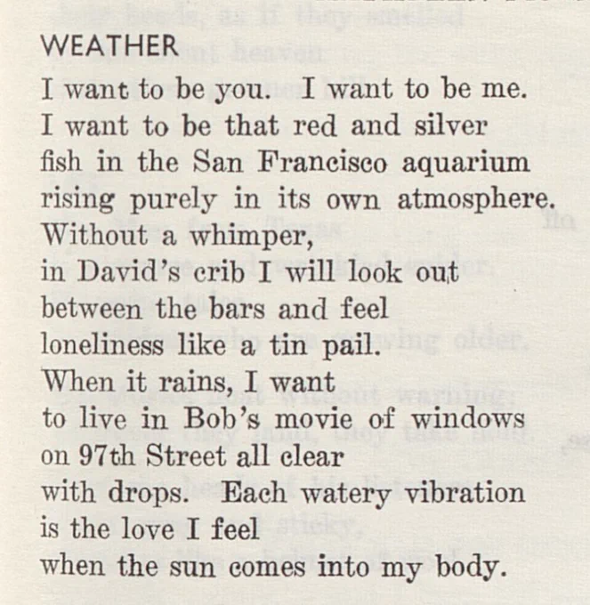WEATHER
I want to be you.   I want to be me.
I want to be that red and silver
fish in the San Francisco aquarium
rising purely in its own atmosphere.
Without a whimper,
in David’s crib I will look out
between the bars and feel
loneliness like a tin pail.
When it rains, I want
to live in Bob’s movie of windows
on 97th Street all clear
with drops.   Each watery vibration
is the love I feel
when the sun comes into my body.