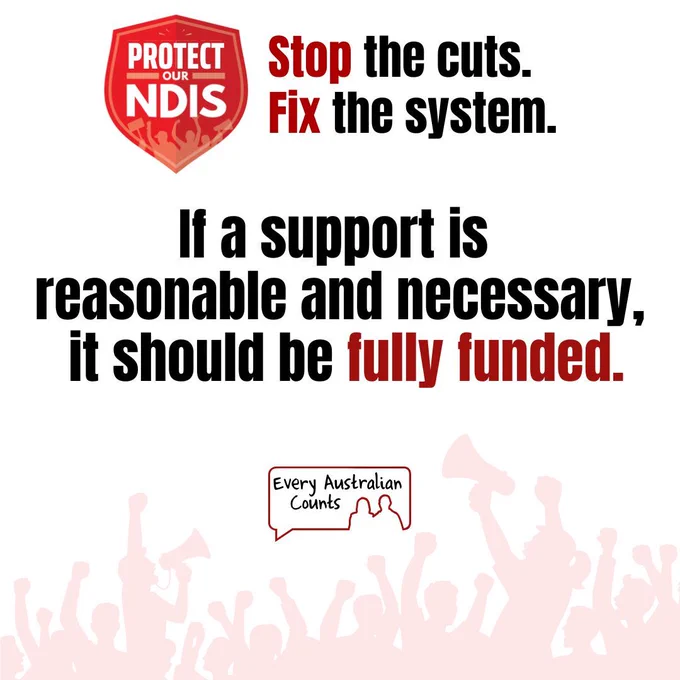 Campaign graphic from Every Australian Counts and the Protect Our NDIS campaign. Text reads: "If a support is reasonable and necessary, it should be fully funded." The graphic features the Protect Our NDIS logo, the slogan "Stop the cuts. Fix the system." and silhouettes of people rallying at the bottom. 