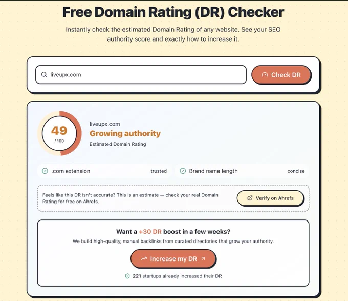 Free Domain Rating (DR) Checker • 100% Free • No sign-up
