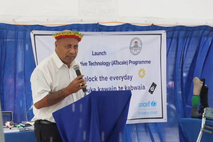 Honorable Botii Nauan, Minister of Health and Medical Services, giving a speech on the occasion of the launch of the Assistive Technology (AT) Programme in Kiribati.