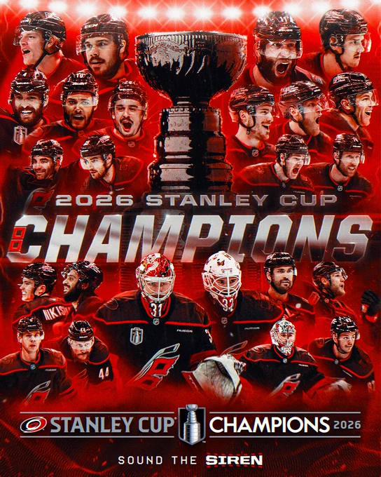 Graphic promoting the Carolina Hurricanes as the 2025-26 Stanley Cup Champions