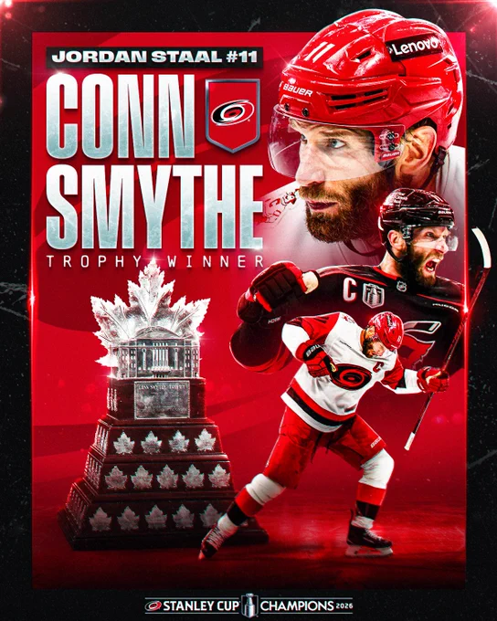 Multiple photos of Jordan Staal in a Hurricanes uniform along with a photo of the Conn Smythe Trophy. Text reading \u201CJordan Staal #11. Conn Smythe Trophy winner.\u201D