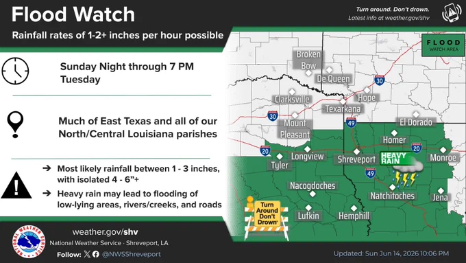 This graphic depicts areas in East Texas and North Louisiana where a Flood Watch is in effect through 7 PM Tuesday.