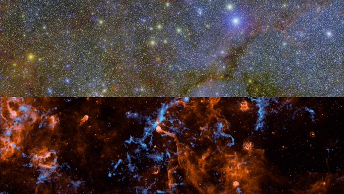 Gráfico de las observaciones realizadas por SPHEREx de Cygnus X, una región de formación estelar en la Vía Láctea. En la parte inferior, el hielo de agua se muestra en azul brillante. En la parte superior se observa la misma región del espacio en diferentes longitudes de onda. Las áreas de hielo de agua que aparecen en azul en la imagen inferior coinciden con las franjas oscuras de polvo interestelar que se ven en la imagen superior.