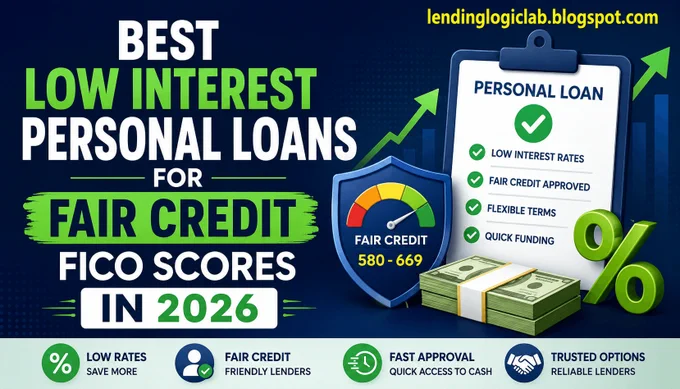 Low interest personal loans for fair credit FICO scores illustrated with a personal loan approval checklist, fair credit score gauge, cash bundles, and interest rate symbols — guide to finding affordable personal loan options for fair-credit borrowers in 2026.