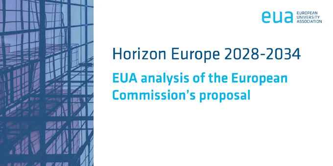 Promotional image for the European University Association's analysis of the European Commission's Horizon Europe 2028-2034 proposal, featuring an abstract blue-toned background of architectural glass structures.
