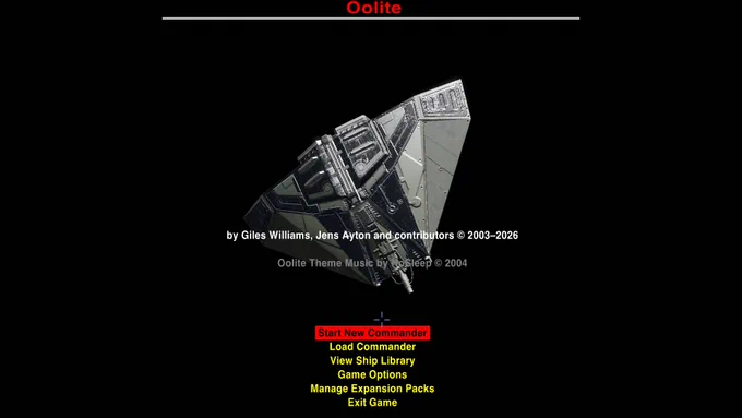 Oolite (2003-2026) - opening screen, featuring a rotating Cobra Mk III.