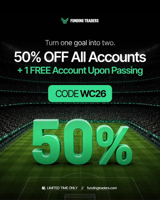 Promotional image offering 50% off all trading accounts with a free account upon passing. Styled with bold text on a stadium background, the image conveys urgency and potential savings.