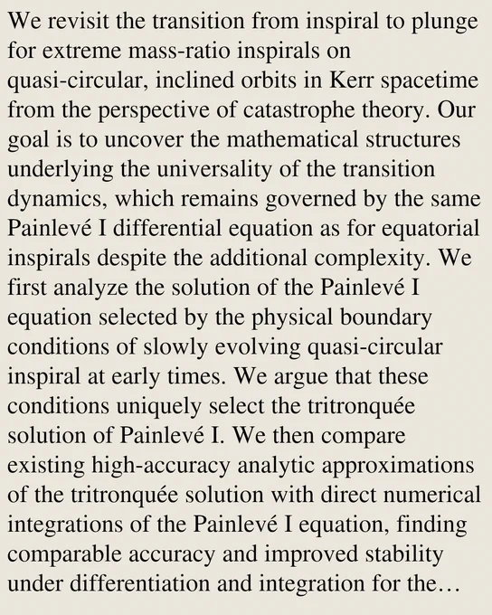We revisit the transition from inspiral to plunge for extreme mass-ratio inspirals on quasi-circular, inclined orbits in Kerr spacetime from the perspective of catastrophe theory. Our goal is to uncover the mathematical structures underlying the universality of the transition dynamics, which remains governed by the same Painlevé I differential equation as for equatorial inspirals despite the additional complexity. We first analyze the solution of the Painlevé I equation selected by the physical boundary conditions of slowly evolving quasi-circular inspiral at early times. We argue that these conditions uniquely select the tritronquée solution of Painlevé I. We then compare existing high-accuracy analytic approximations of the tritronquée solution with direct numerical integrations of the Painlevé I equation, finding comparable accuracy and improved stability under differentiation and integration for the analytic solution. In the second part of this work, we show that the equilibrium st