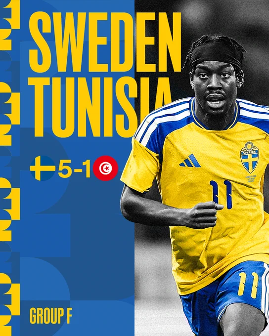 Sweden 5-1 Tunisia. Featuring a picture of Anthony Elanga. 