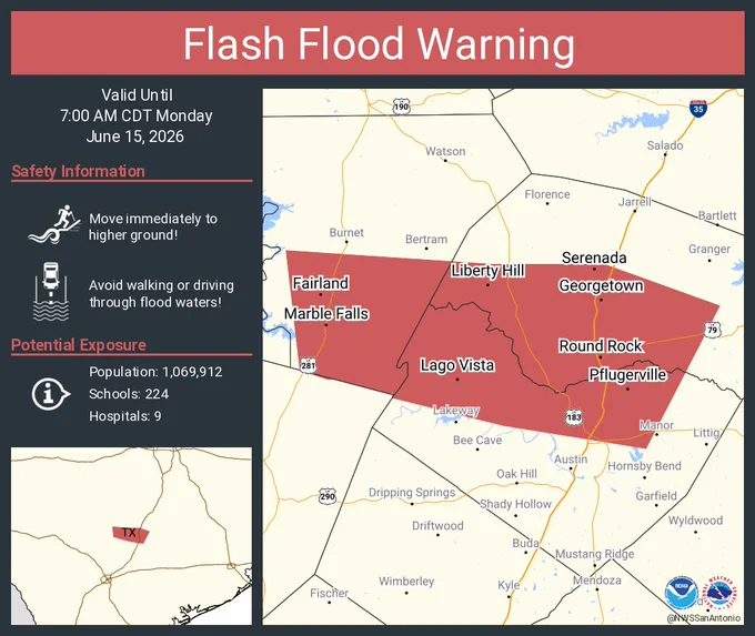 This graphic displays a flash flood warning plotted on a map. The warning is in effect until 7:00 AM CDT. The warning includes Round Rock TX, Cedar Park TX and Georgetown TX.  This warning is for Southwestern Burnet County in south central Texas, Northern Travis County in south central Texas and Southwestern Williamson County in south central Texas. Avoid walking or driving through flood waters! Move immediately to higher ground! There are 1,069,912 people in the warning along with 224 schools and 9 hospitals.