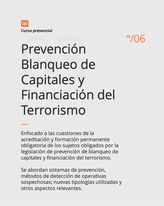 La imagen contiene texto: "Prevención Blanqueo de Capitales y Financiación del Terrorismo (Curso Presencial), 16 junio 2026”.