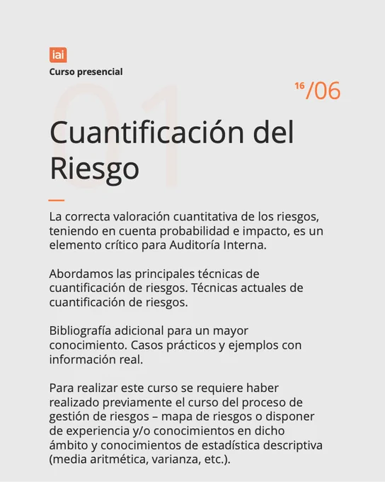 La imagen contiene texto: “Cuantificación del Riesgo (Curso Presencial), 16 junio 2026”.