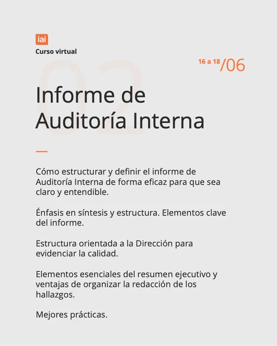 La imagen contiene texto: “Informe de Auditoría Interna (Curso Virtual), 16 a 18 junio 2026”.